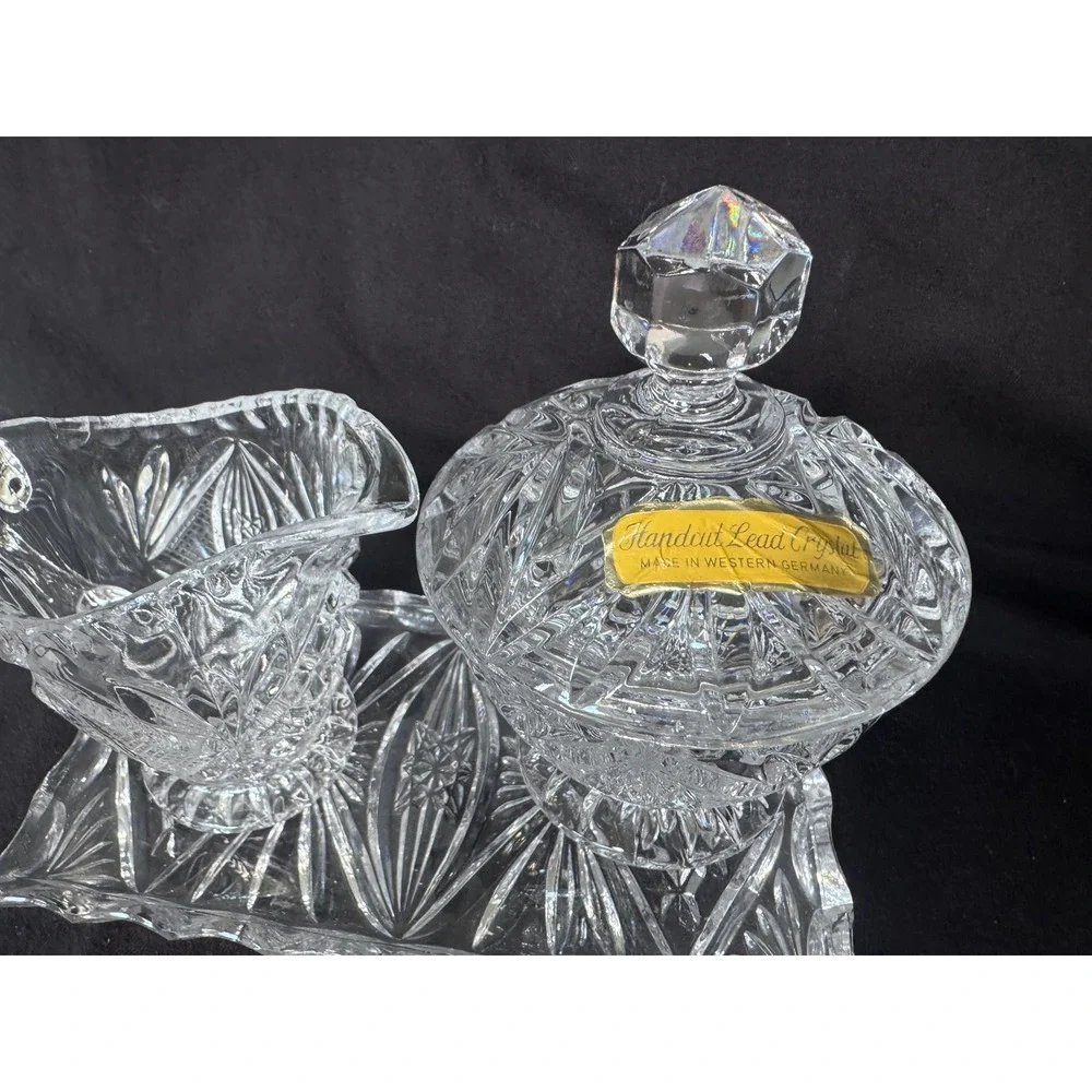 Vintage Handcut Lead Crystal Cream Sugar Set with Tray Western Germany Clear
